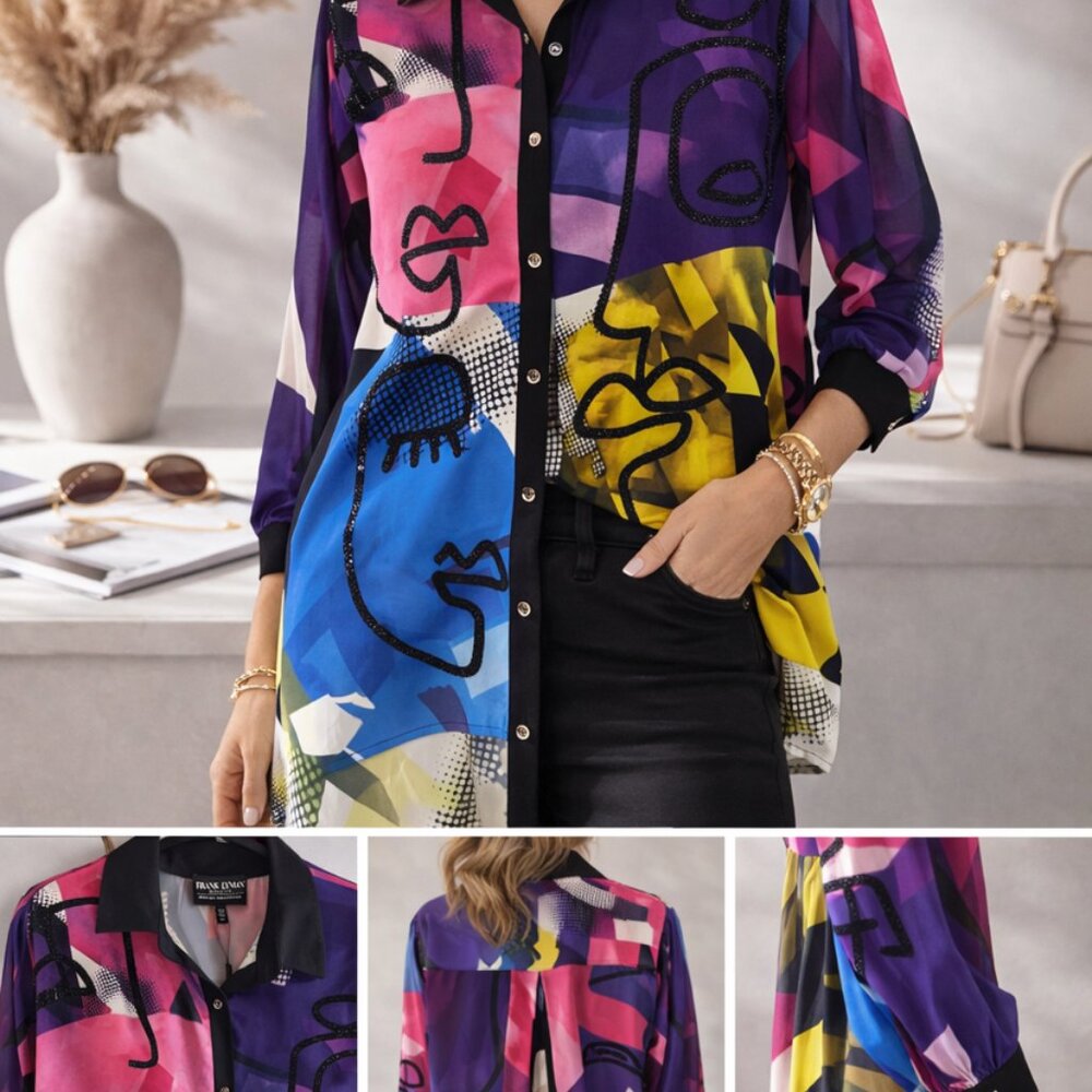 266541 Purple, Pink, Black and Yellow Multi Graffiti Button Up Blouse by F Lyman